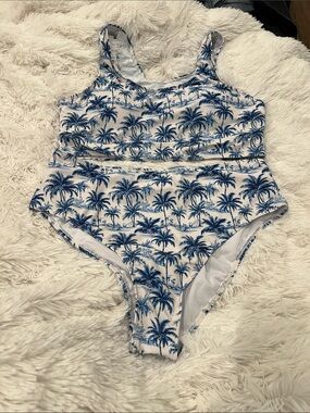 Salty Wave High-Waist Palm Print Bikini Set - Blue & White